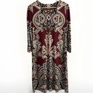 Chicos Women's Tapestry Print Dress Size 0‎ Burgundy & Gold Fleur De Lis Midi